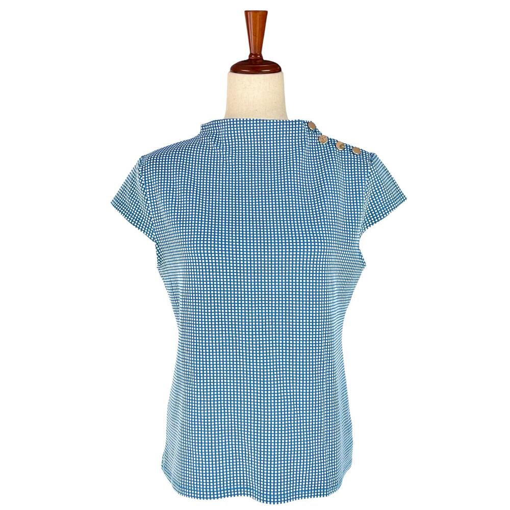 ANN TAYLOR Blue/White Checkered High-Neck Shoulder Button Top Size M